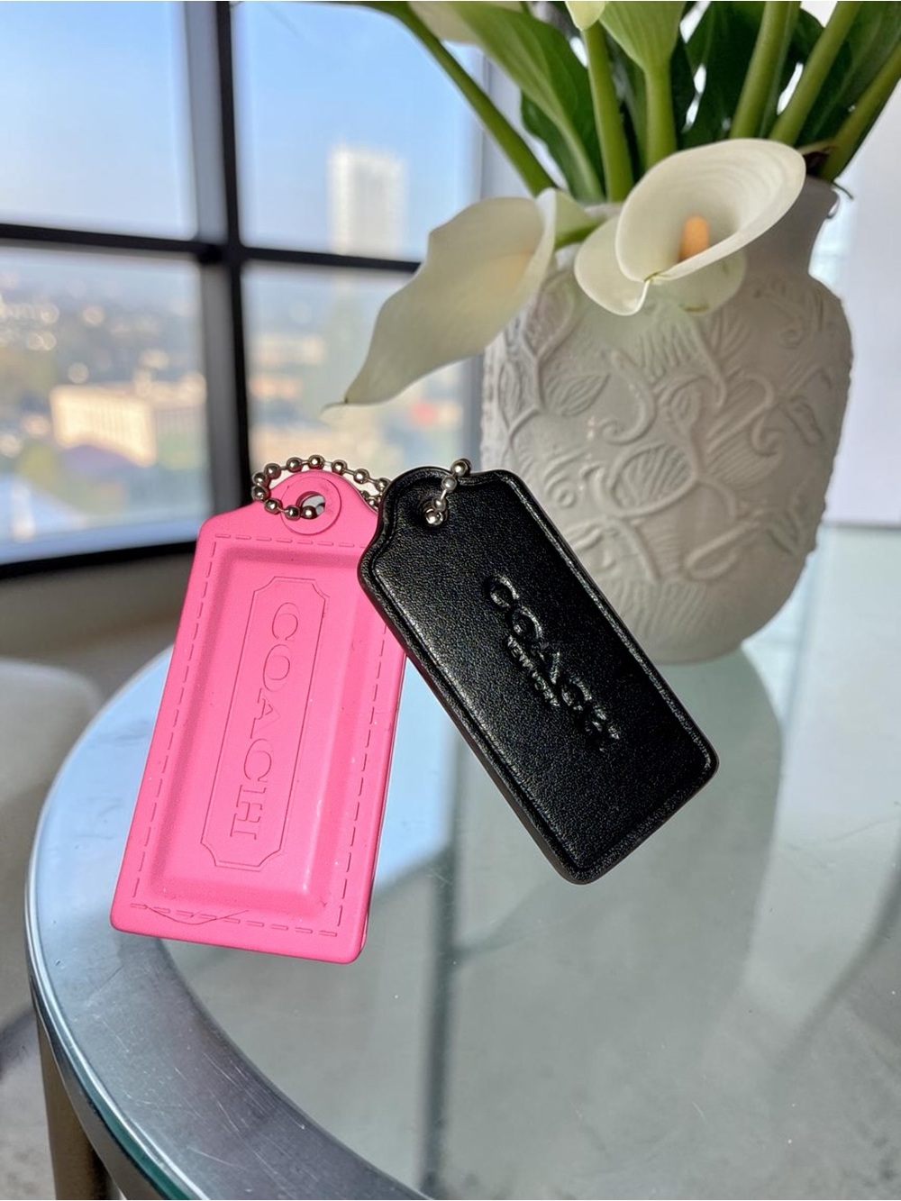 2 (two) Coach Black Leather & Pink Hang Tag for Bag or Keychain